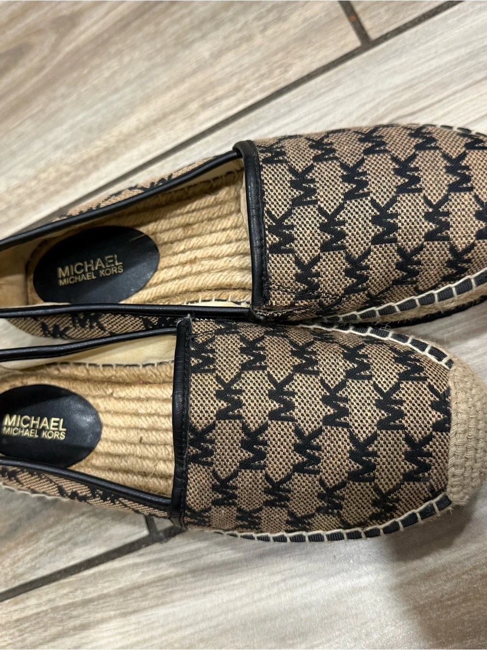 Michael Kors Tan and Black Monogram Espadrille Slip-Ons